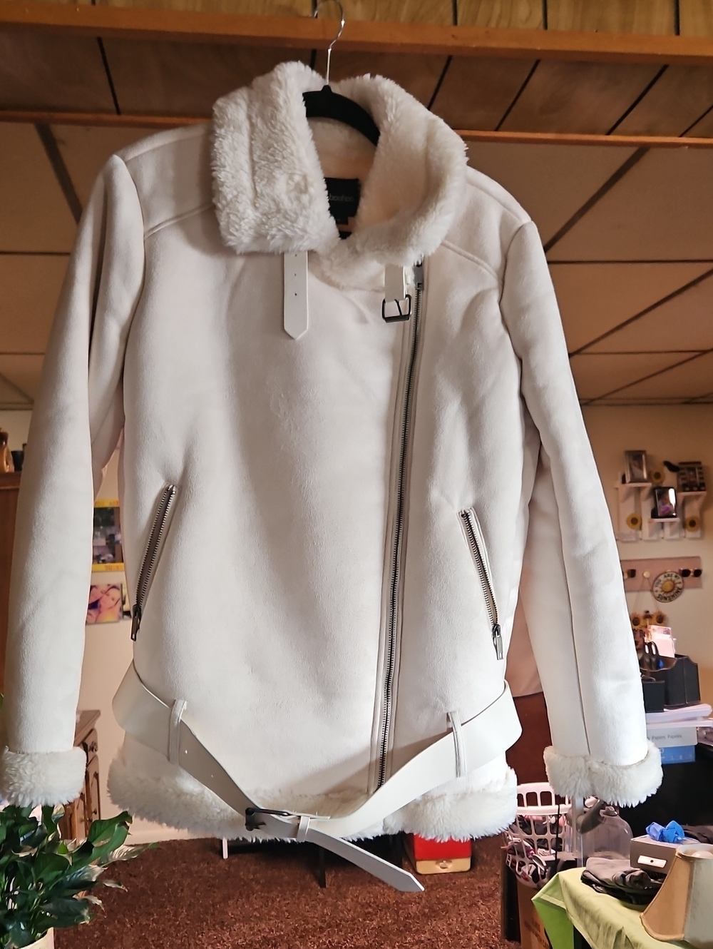 Women's Cream Faux Shearling Jacket with Belt